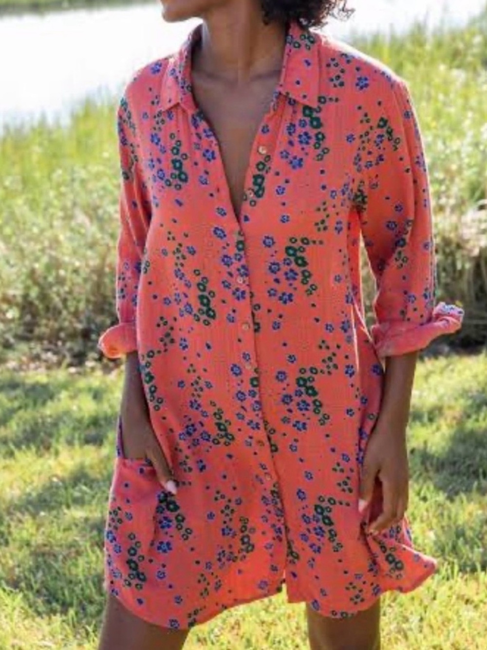 Natural Life Boho Floral Gauzy Button Front Shirt Dress Sz XL Pockets